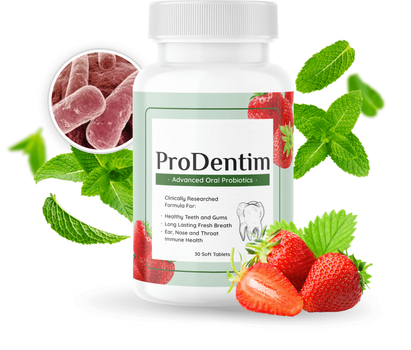 Original ProDentim bottle with strawberries and peppermint from the official website