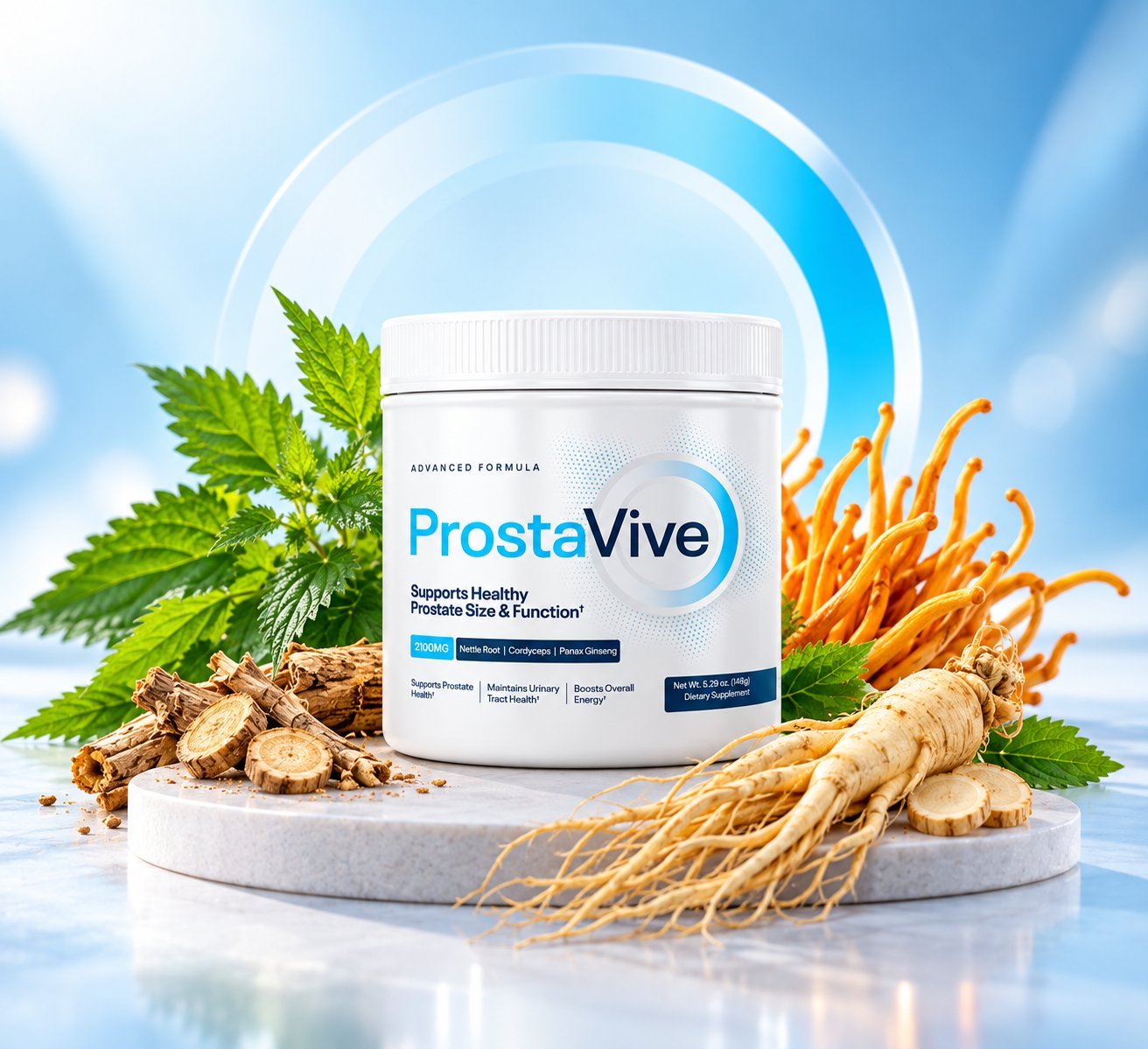 ProstaVive supplement container surrounded by natural herbs